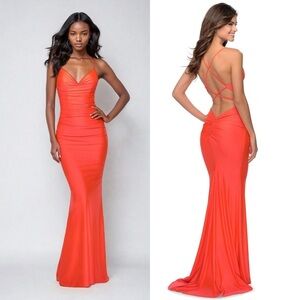 La Femme 29020 Plunging V-neck Ruched Prom Sheath Dress Neon Coral 0